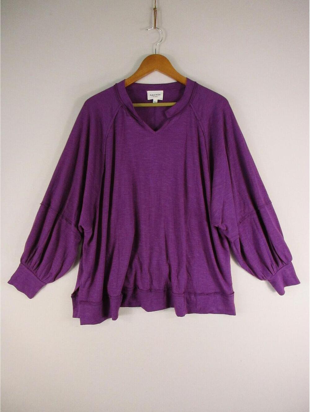 Andree by Unit Top Womens S Purple Notch V Raglan Balloon Sleeve Pullover Casual